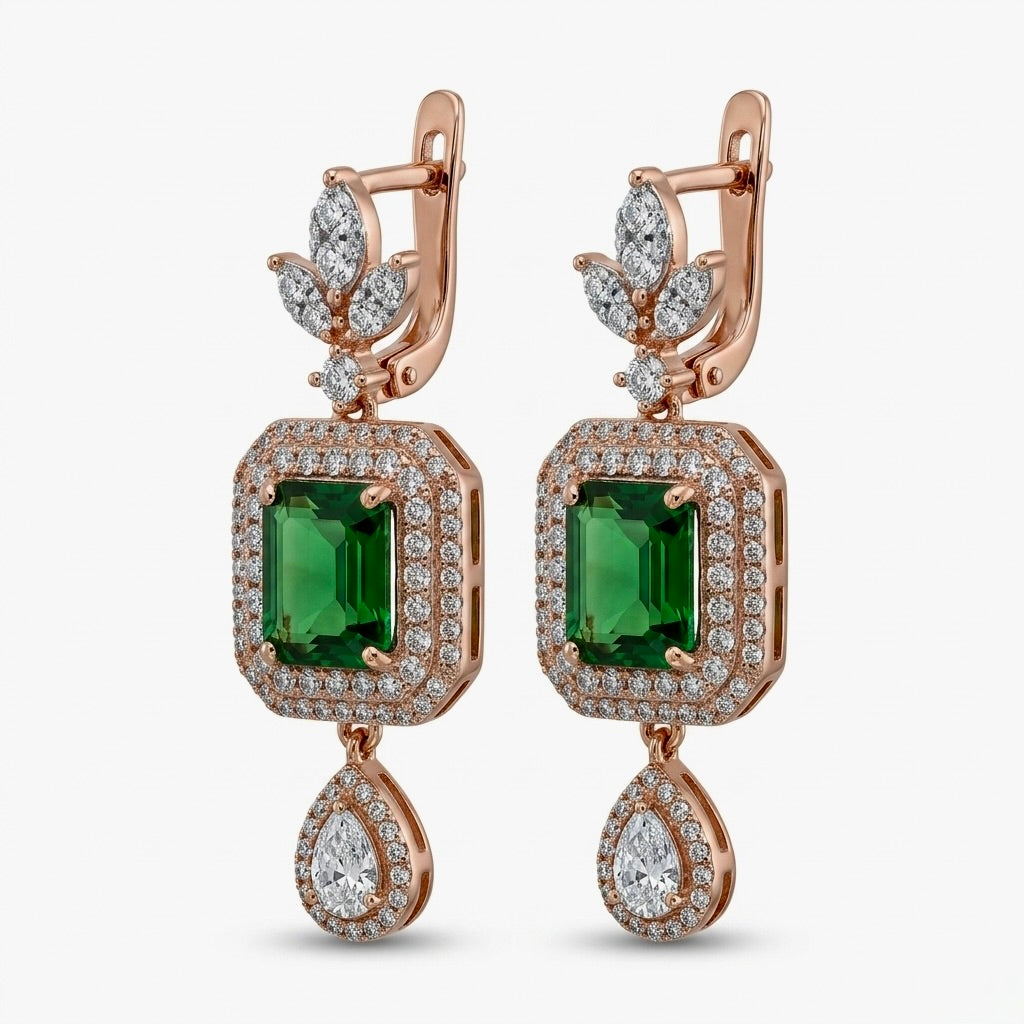 Imperial Emerald & Diamond Halo Drop Earrings