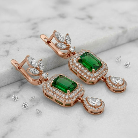 Imperial Emerald & Diamond Halo Drop Earrings