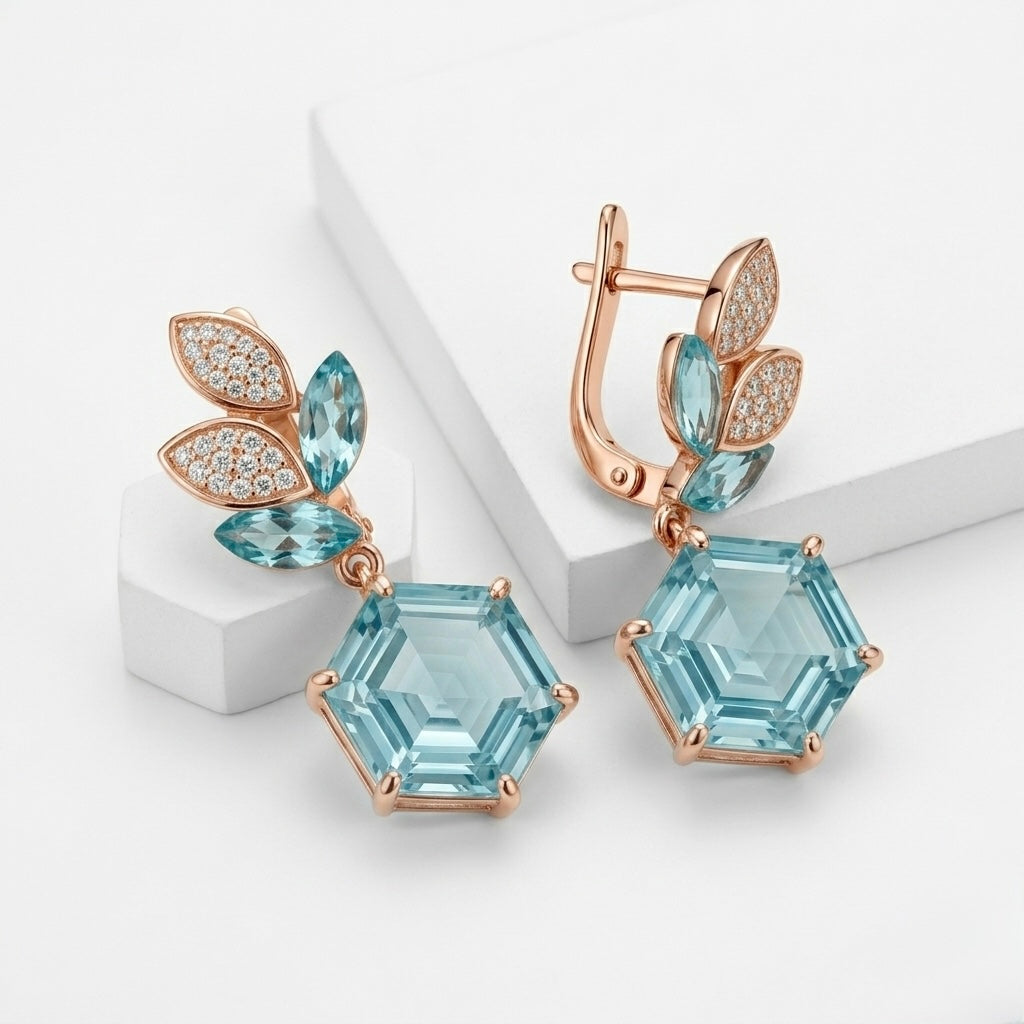 Azure Hexagon Floral Drop Earrings