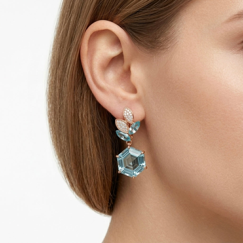 Azure Hexagon Floral Drop Earrings