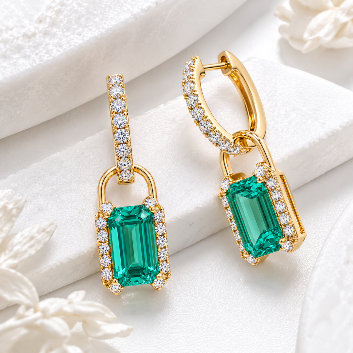 Emerald Padlock Drop Earrings