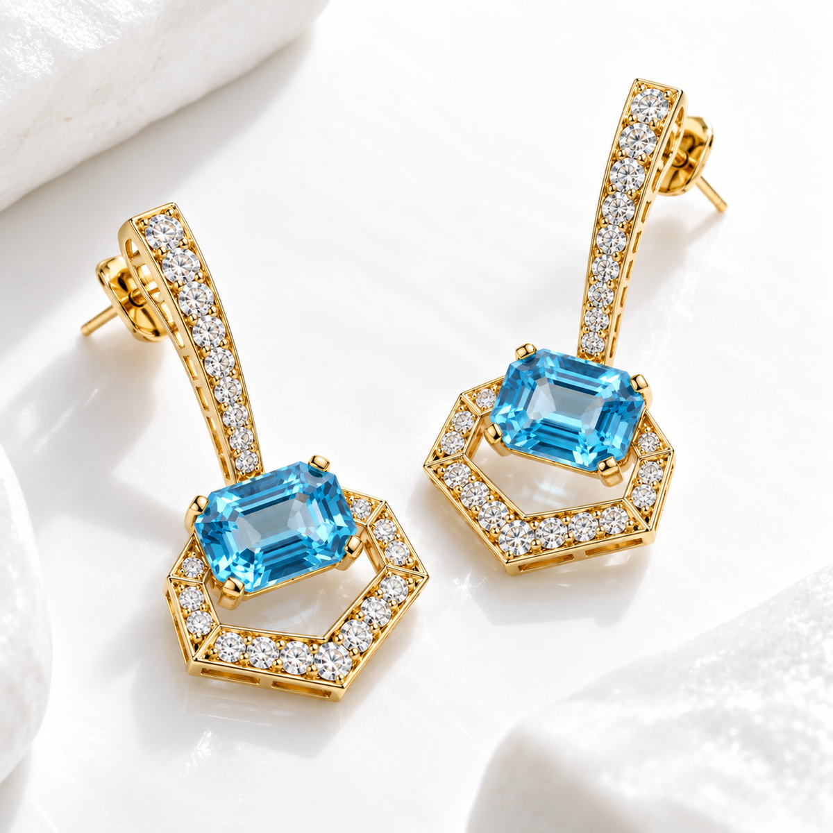 Hexagon Blue Topaz Drop Earrings
