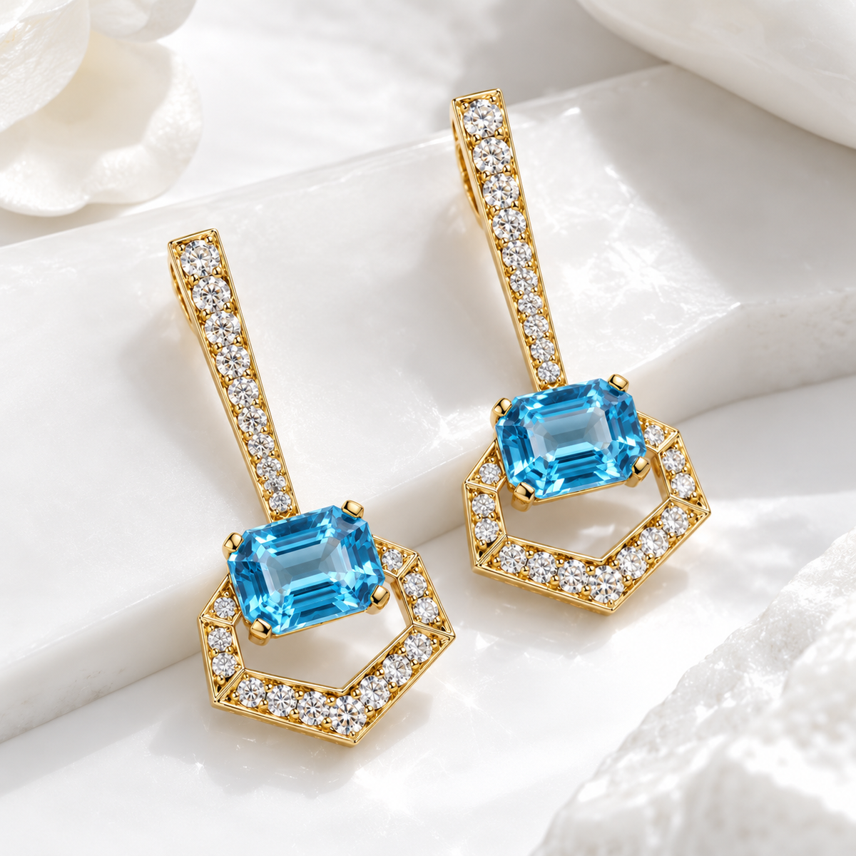 Hexagon Blue Topaz Drop Earrings