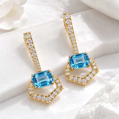 Hexagon Blue Topaz Drop Earrings