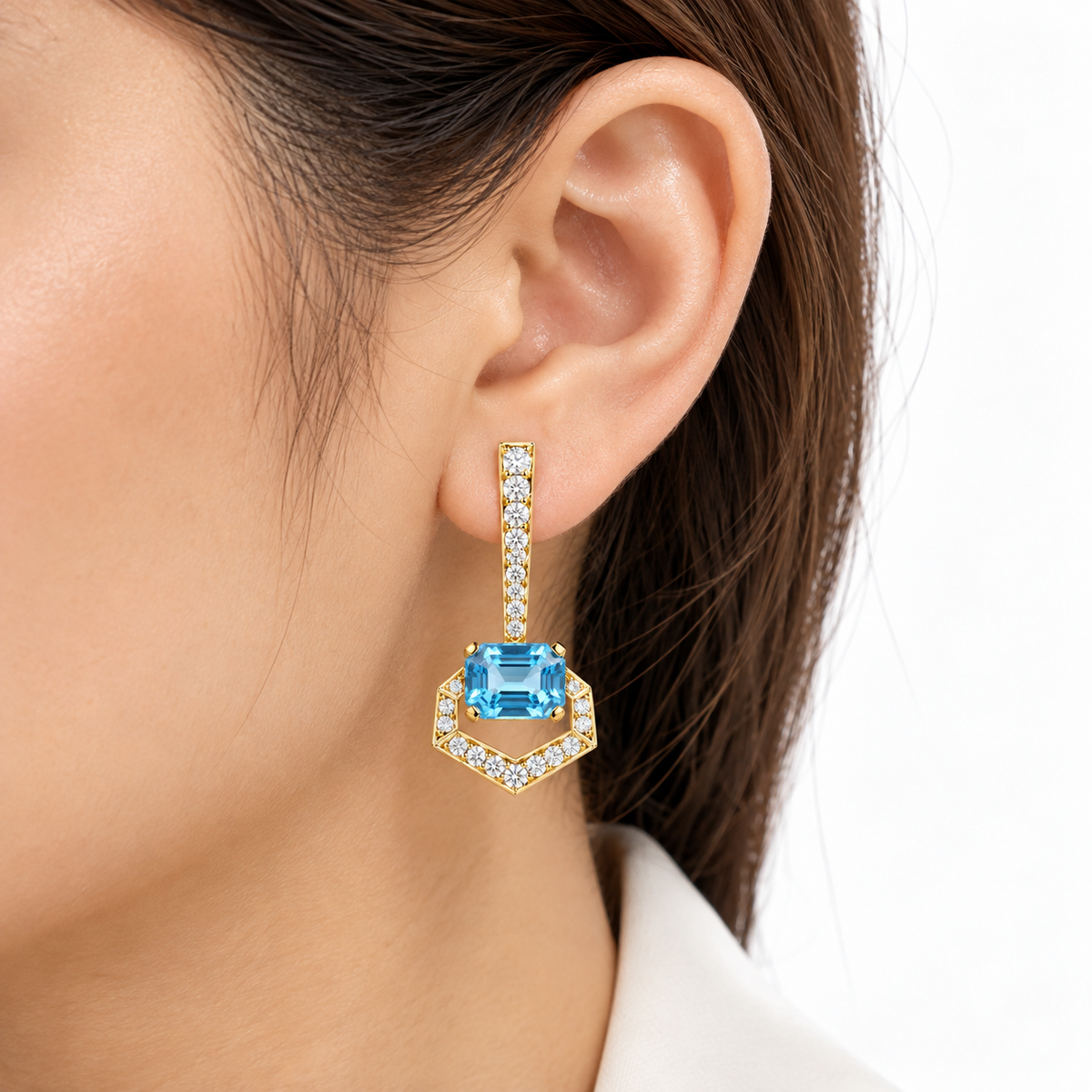Hexagon Blue Topaz Drop Earrings