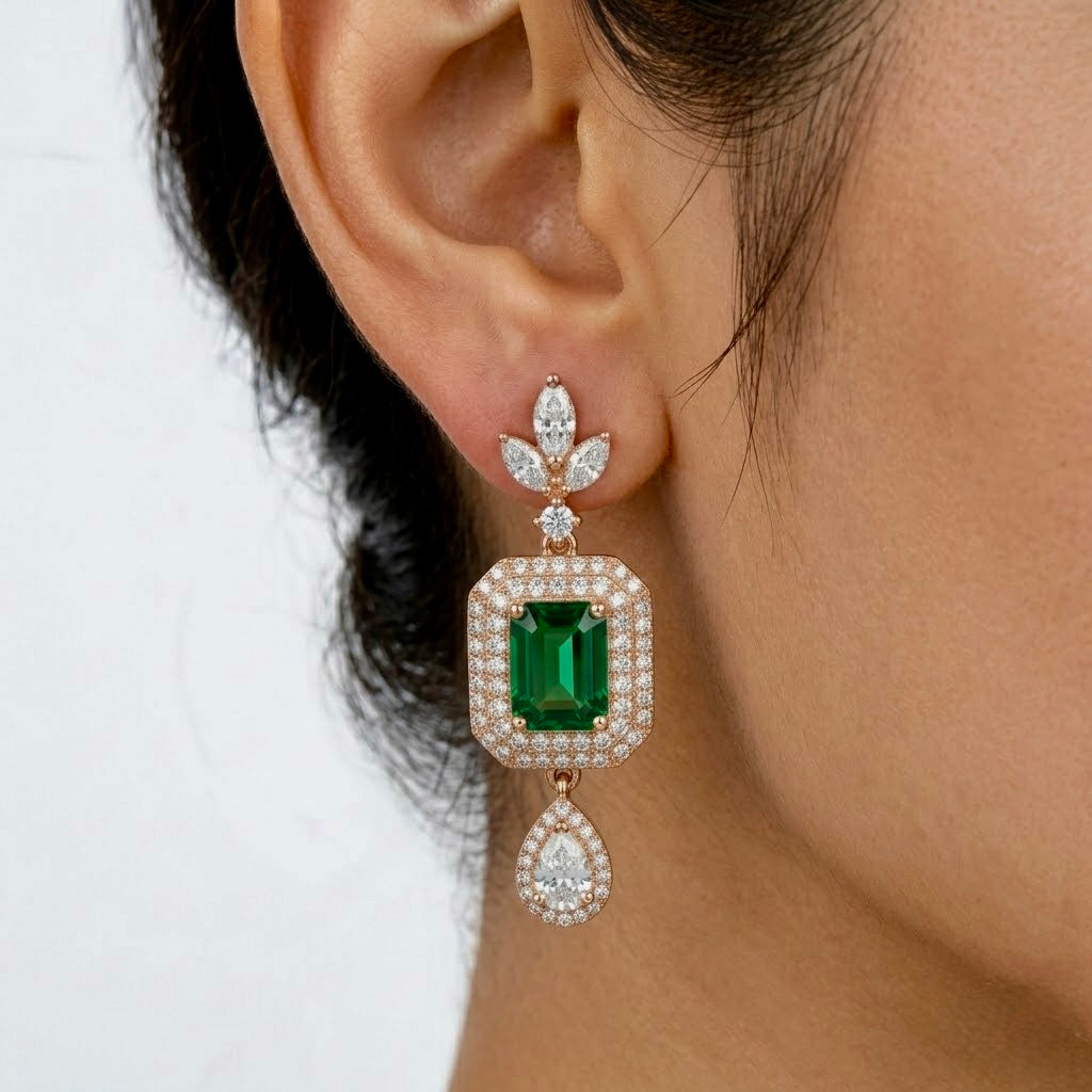 Imperial Emerald & Diamond Halo Drop Earrings