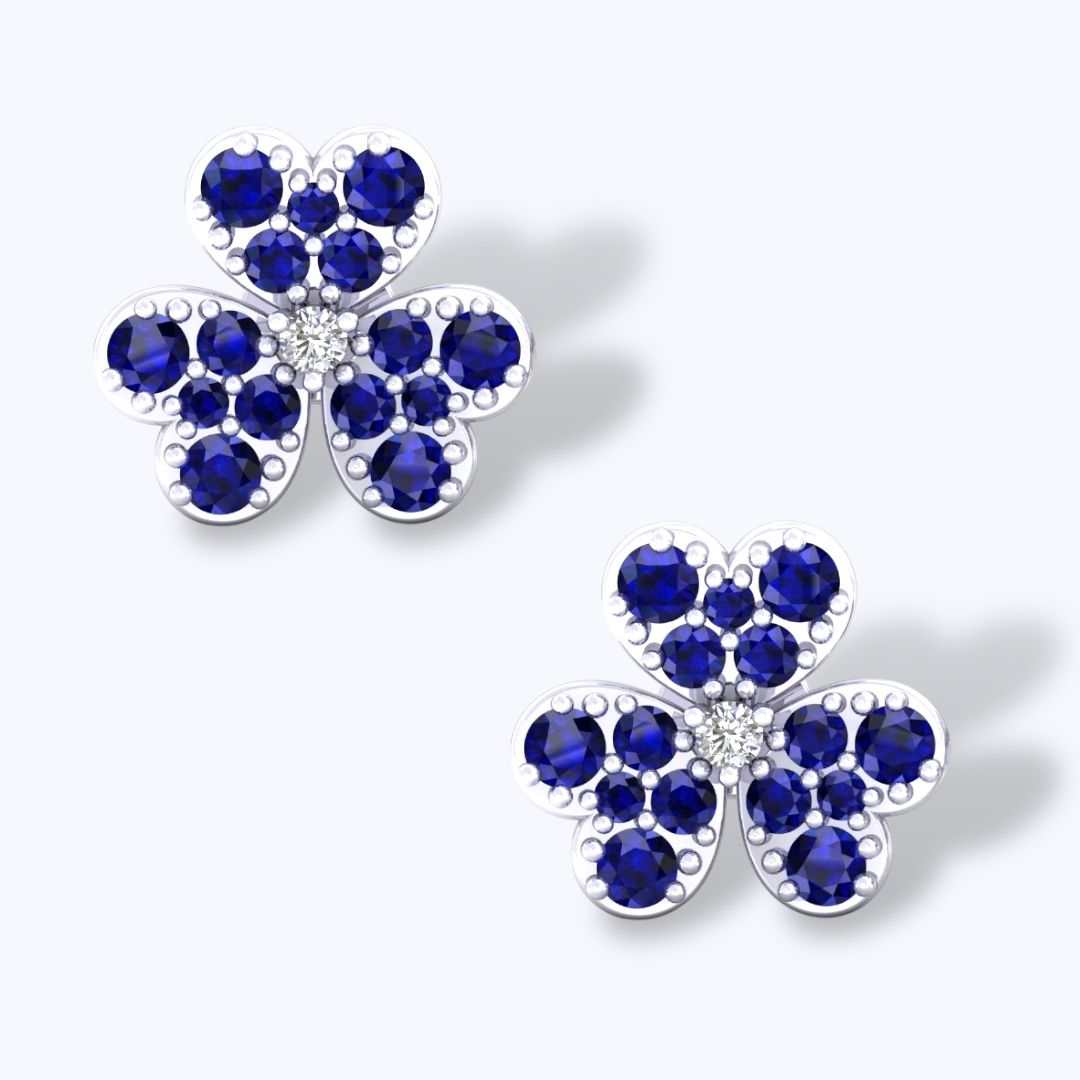Blue Sapphire Round with Natural Diamonds 18k White Gold Earrings