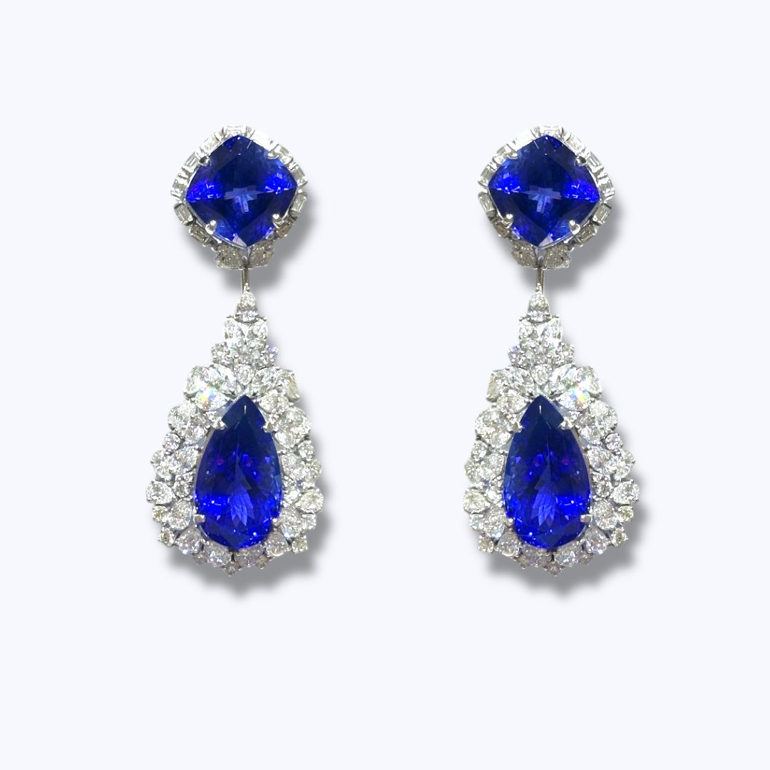 Tanzanite with Moissonite Diamonds in 18k White Gold Earrings