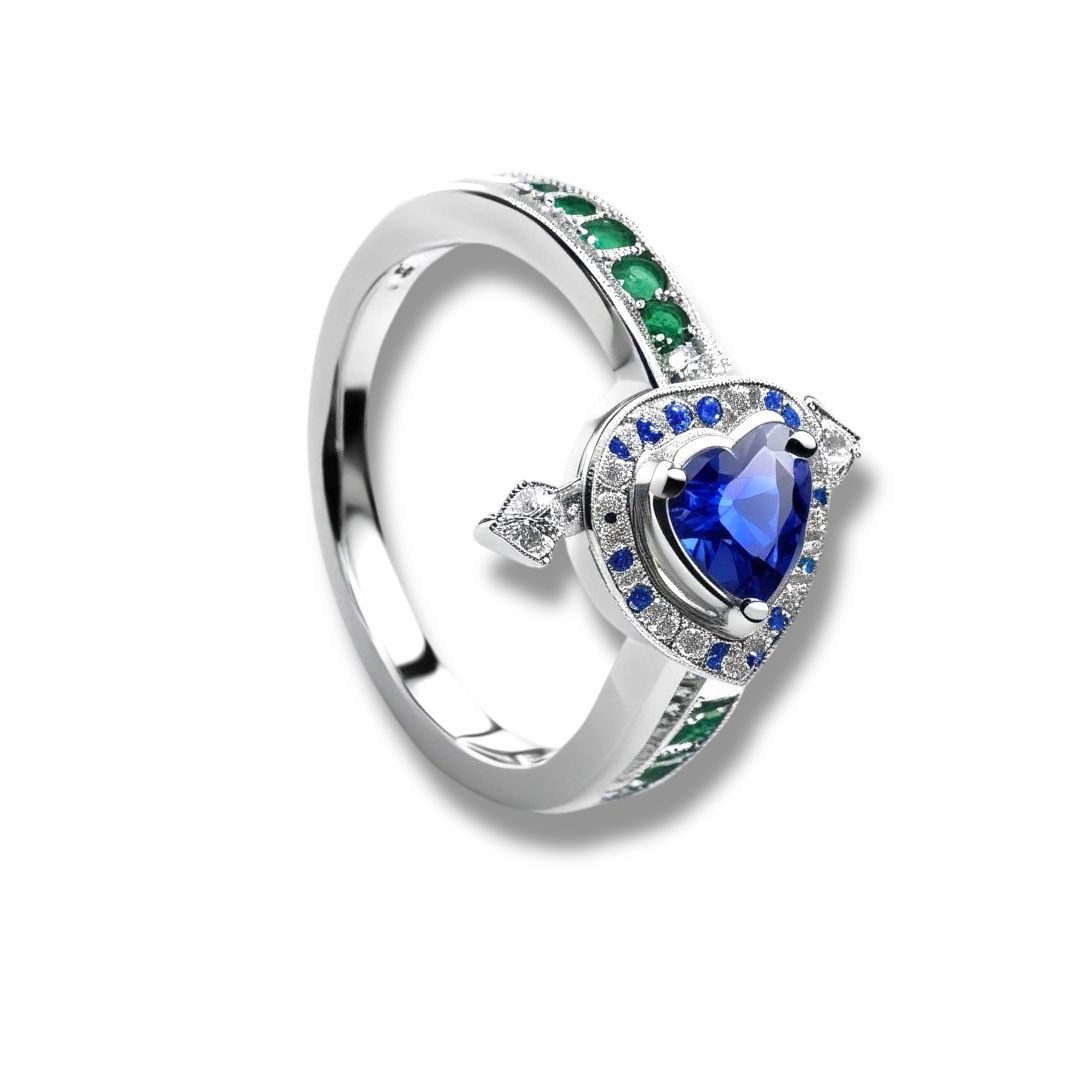 Blue sapphire Heart shape with Round Blue sapphire and Diamonds in 18k white gold Ring
