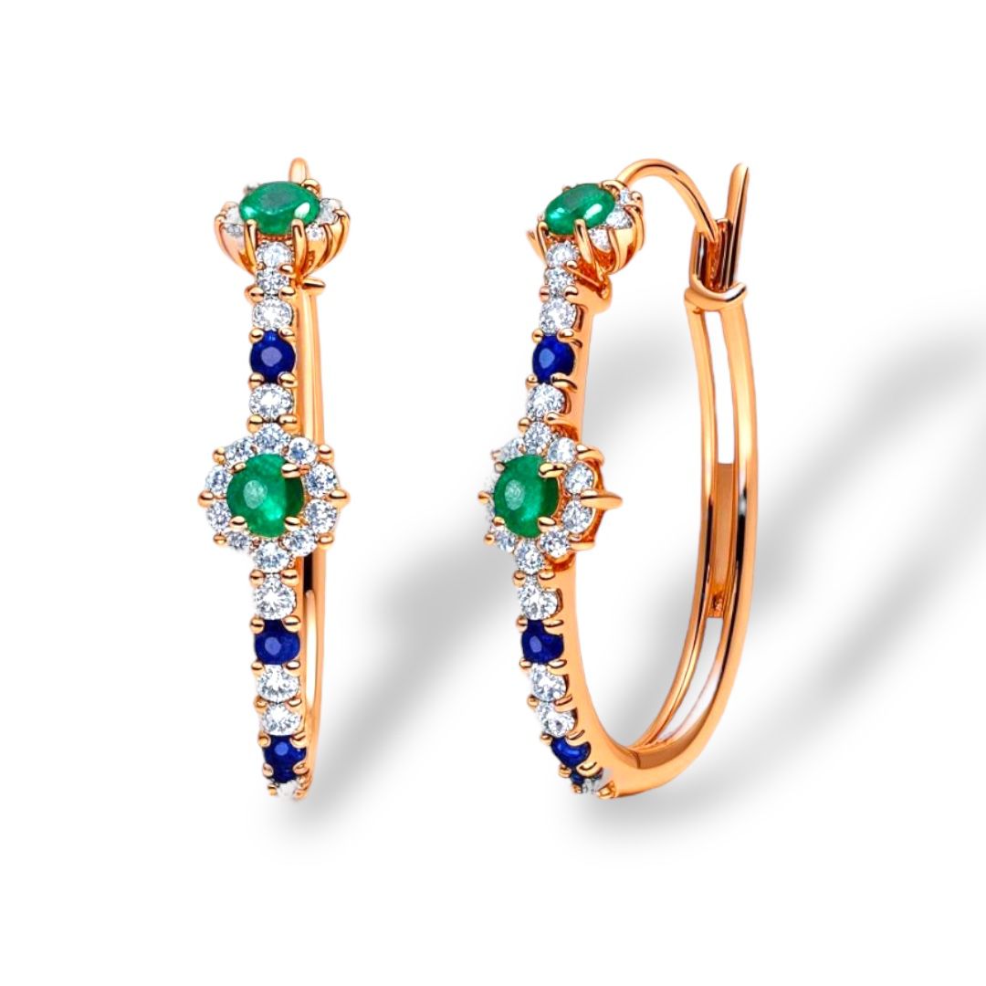 Emerald Round Big size with Blue sapphire and Diamonds round shape earrings in 18k rose gold